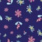 Vector seamless pattern repeat with random scattered folk art style floral motifs on dark blue.