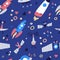 Vector Seamless Pattern With rockets, satellite, UFO, stars. Cartoon flat style cosmos kids background