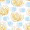 Vector seamless pattern with rolling desert plant Tumbleweed in beige and blue on the white background. Dry weed bush Tumbleweed.