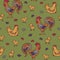Vector seamless pattern with roosters, hens, chicks and abstract flowers