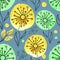 Vector seamless pattern in scandinavian style, abstract yellow and green watercolor dandelions on a blue background