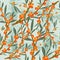 Vector seamless pattern of sea buckthorn tree branches. Ripe orange berries, sea buckthorn fruits.