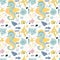 Vector seamless pattern with sea fauna. Background with starfish, sea horse, jellyfish, fish, crab, shell, nautilus. Abstract
