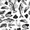 Vector seamless pattern of seafood. Lobster, squid, salmon, caviar, fillet, shrimp and oyster.