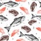 Vector seamless pattern of seafood. Salmon fish, fillet and slice. Hand drawn engraved icons.