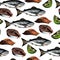 Vector seamless pattern of seafood. Salmon fish, fillet slices, steak and lime. Hand drawn engraved icons. Colored objects.