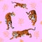 Vector seamless pattern of several beautiful tigers on a pink background