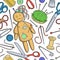 Vector seamless pattern with sewing utensils and a rag doll.