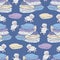 Vector seamless pattern with sheeps jumping over stack of pillows in night sky.