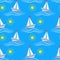 Vector seamless pattern of ship at sea, sailboats, speedboat, yacht, sailboat, cruiser. Sea marine travel background for fabric