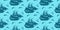 Vector seamless pattern with ships, dolphins and fish. Blue silhouette illustration, repeating sea endless background