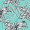 Vector seamless pattern with silver tropical leaves on tiffany blue background