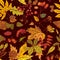 Vector seamless pattern sketch branches with autumn leaves, cones, dried flowers and ripe berries. Colourful herbal