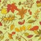 Vector seamless pattern sketch branches with autumn leaves, dried flowers and ripe berries. Colourful herbal graphics