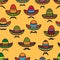 Vector seamless pattern. Sombrero and moustache on yellow.