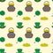 Vector seamless pattern St. Patrick s Day. Quatrefoil clover, leprechaun hat, pot of gold and a handful of coins