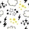 Vector seamless pattern with stars, clouds, lightning in hand drawn comic style.