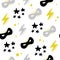 Vector seamless pattern with stars, super hero mask, lightning in hand drawn comic style.