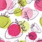 Vector seamless pattern with strawberries and colorful watercolor blots.