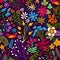 Vector seamless pattern with stylized flowers and plants. Bright botanical wallpaper. Many colorful flowers on the dark