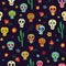 Vector seamless pattern with sugar skulls on a dark background