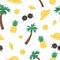 Vector seamless pattern with summer elements. Cute flat background for kids with palm tree, pineapple, sunglasses, seashells.