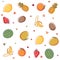 Vector seamless pattern with summer fruit outline doodles with watercolor effect. Lemons, pineapples, oranges, watermelons etc