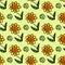 Vector seamless pattern with sunflower flower and spiral snail hand drawn doodle in simple childish cartoon style. Positive cute