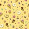 Vector seamless pattern of sweets, donuts, cakes and marmalade on a background