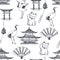 Vector seamless pattern with symbols of Japan isolated on white background. Hand drawn texture with pagoda, dancing cranes, cat