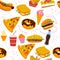 Vector seamless pattern with tasty fast food illustration - donut, pizza, burger, hot dog, coffee to go