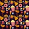 Vector seamless pattern with tasty fast food illustration - donut, pizza, burger, hot dog, coffee to go - isolated on black backgr