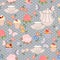 Vector seamless pattern with tea, roses, daisies, butterflies.