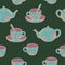 Vector seamless pattern of tea service parts decorated with flower design on dark green background.