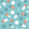 Vector seamless pattern on the theme of pharmacy, drugstore, medicines, drugs, vitamins. various tablets and pills