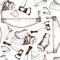 Vector seamless pattern of timber working tools. Saw, axe, firewoods. Vintage sketched engravred style.