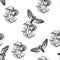 Vector seamless pattern with toadstools and death head moth in engraving style. Hand drawn texture with witching symbols isolated