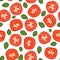 Vector, seamless pattern tomatoes and basil. Colorful, juicy background.