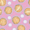 Vector seamless pattern. Top view of stack of thin pancakes in blue ceramic plate and bowl of sour cream isolated on pink