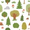 Vector seamless pattern with trees, plants, shrubs, bushes, mushrooms. Flat autumn forest repeating background. Cute digital paper