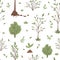 Vector seamless pattern with trees, plants, shrubs, bushes, twigs. Flat spring garden repeat background