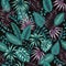 Vector seamless pattern of tropic green and purple foliage on black background. Summer or spring repeat vintage tropical backdrop