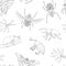 Vector seamless pattern of tropical insects. Repeat background of hand drawn outlines of atlas moth, weevil, butterfly, goliath,