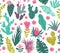 Vector seamless pattern of tropical plants, cacti, succulents, flowers.