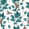 Vector seamless pattern with tropical plants, tarsier, paradise bird on white background.