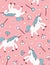 Vector seamless pattern with unicorn, magic wand and crystal on the pink background.