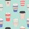 Vector seamless pattern with various disposable cups of coffee to go