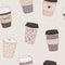 Vector seamless pattern with various disposable cups of coffee to go