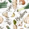 Vector seamless pattern with vegetables. Mushroom and daikon and garlic background. Hand drawn elements