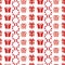 Vector seamless pattern, vertical lines with gift boxes, hearts and cute ribbon bow. Cartoon flat style. Background for Valentines